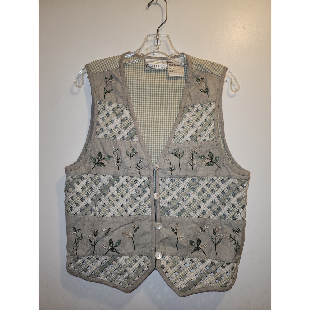 Casey & Max Vintage Embroidered Floral Dragonfly Gingham Quilted Vest Green L